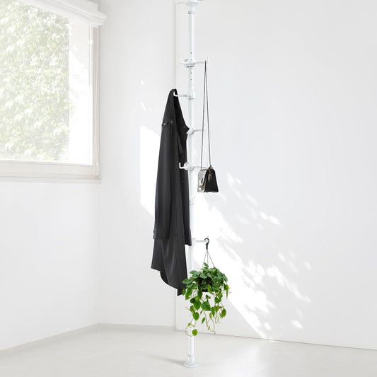 Coat Rack Freestanding, 56 to 125 Inch Adjustable Tension Rod Coat Tree with 12 Hooks for Hanging Plant,Coat, Jacket, Hat, Scarf, Suitable for Living Room, Balcony, Kitchen White
