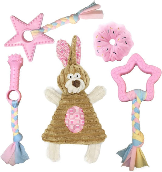 Volacopets Puppy Toys for Teething, Puppy Chew Toys for Small Dogs, Crinkle Dog Toys Small Breed Boredom and Stimulating, Dog Toys for Small Dogs, Pink, 5-Pack