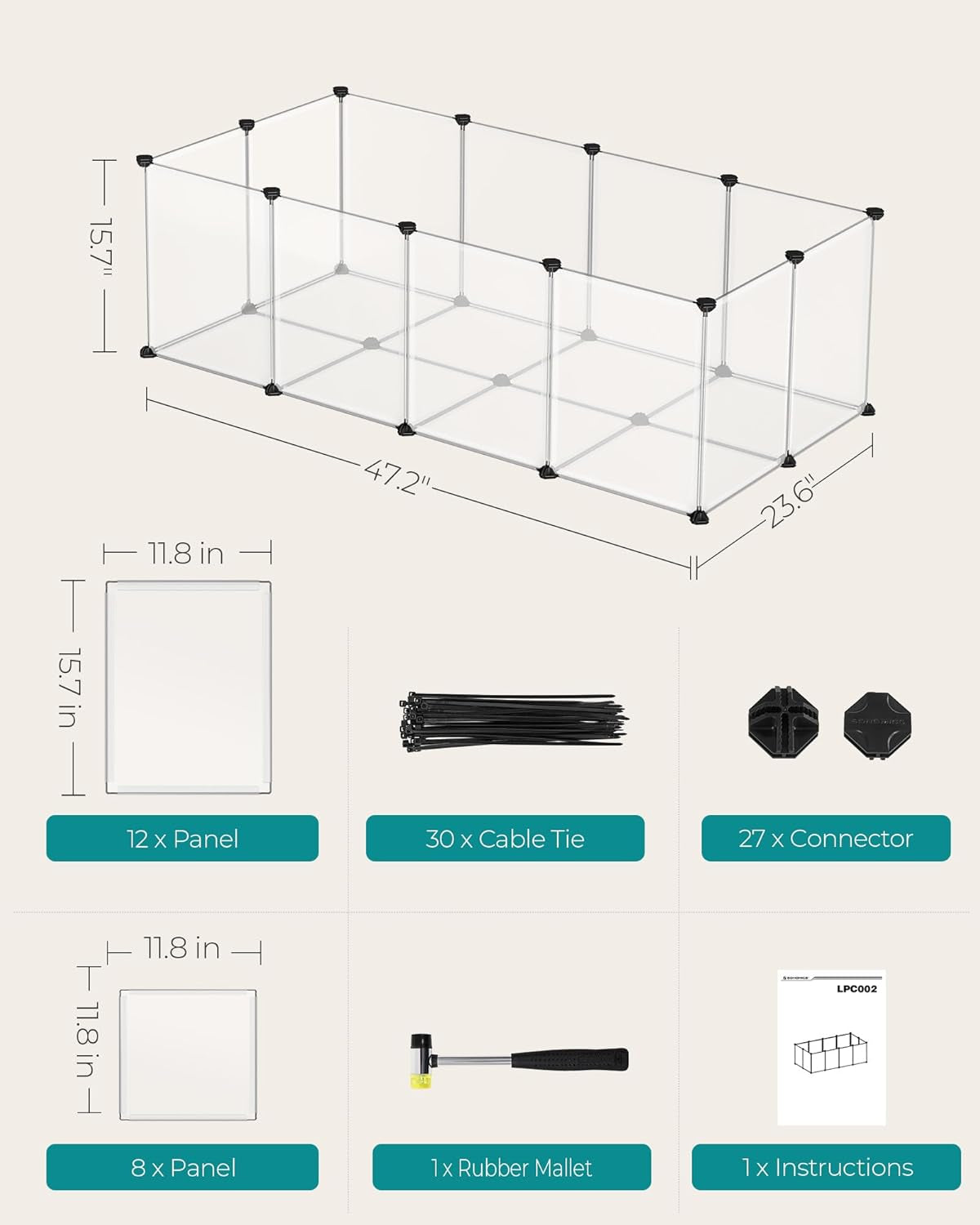 SONGMICS 20 Panels Pet Playpen with Floor, Small Animal Playpen, Pet Fence Indoor, DIY Plastic Enclosure for Guinea Pigs, Bunny, Hamsters, Hedgehogs, 49.2 X 24.8 X 16.5 Inches, White ULPC001W01