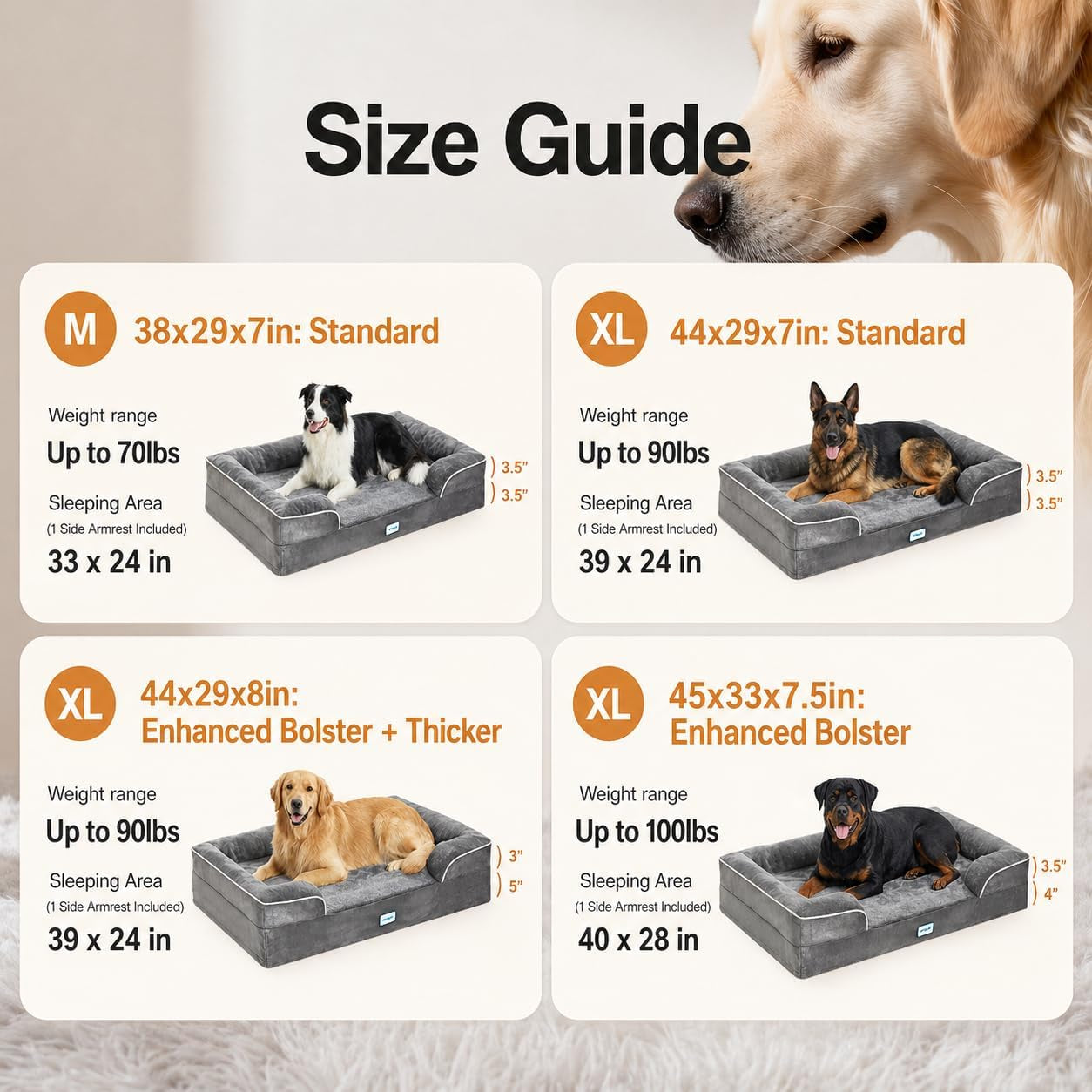 Ohgeni Orthopedic Dog Bed Couch Big Cat Sofa for Extra Large Sized Pets with Memory Foam, Machine-Washable Waterproof Removable Cover, Soft Comfortable Fabric, 44-Inch (Gray)