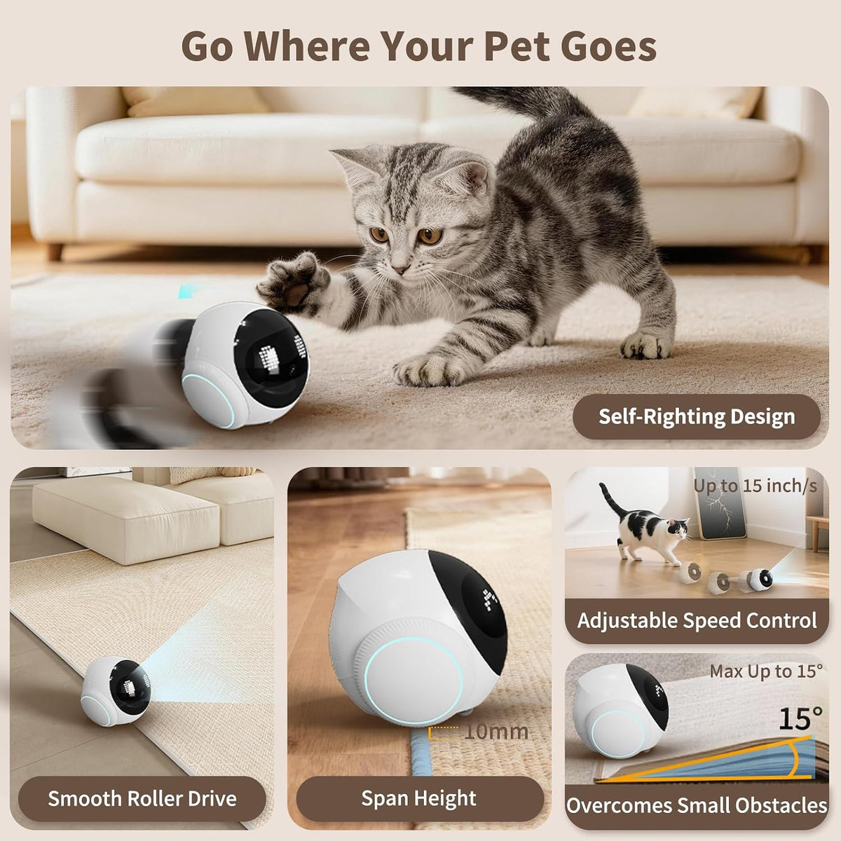 Small 1080P Mobile Pet Robot Camera with App Control, White