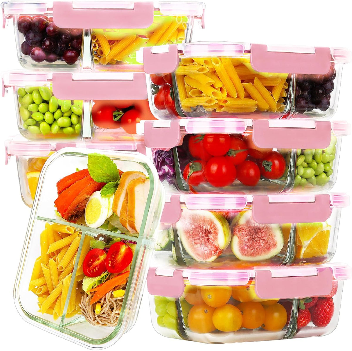 8 Pack 3 Compartment 36Oz Large Glass Meal Prep Containers with Lids
