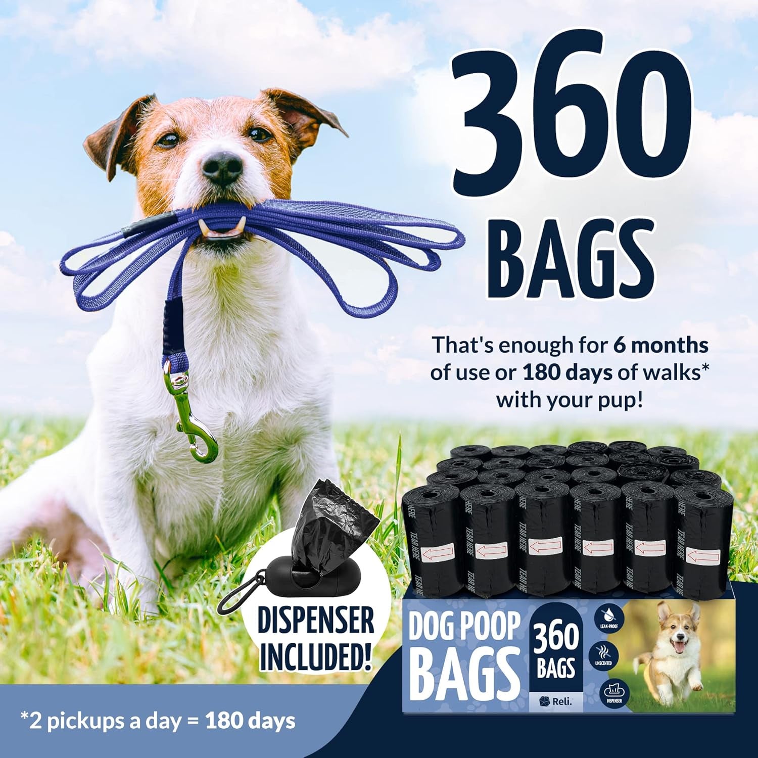 Reli. Dog Poop Bags W/Holder (360 Pack - 24 Rolls) | Leash Clip Dispenser | 9X13" Large Dog Bag for Poop | Black Pet Waste Carrier Refills W/Clip Dispenser | Unscented, Leak Proof