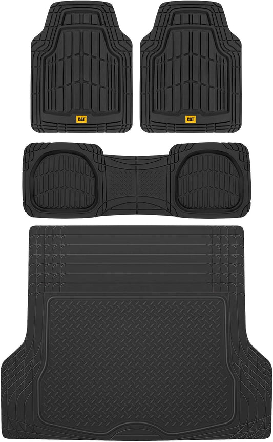 BDK Cat® CAMT-1003 (3-Piece) Deep Dish Rubber Car Floor Mats with Trunk Cargo Liner, Heavy Duty All Weather Trim to Fit Front & Rear Combo Set for Car Sedan SUV Van