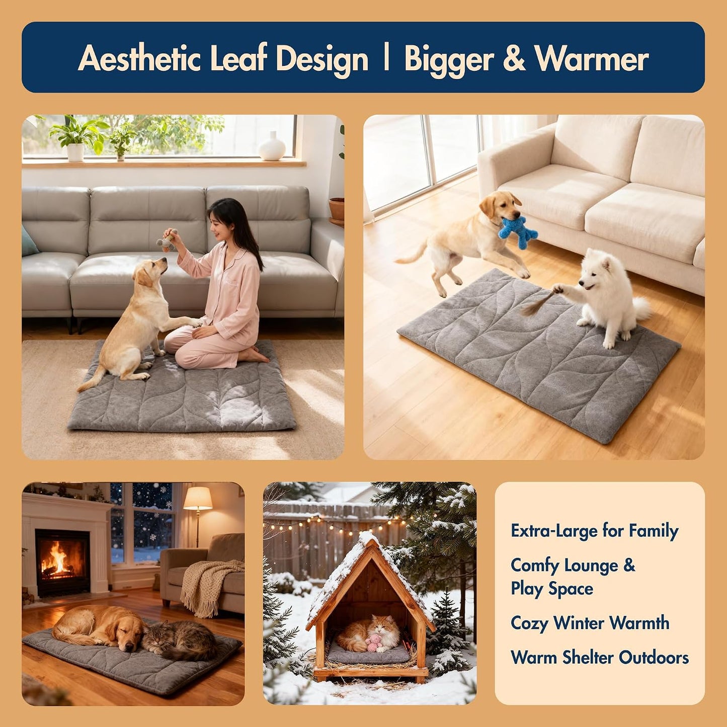 Vagascape Dog Bed, Waterproof Pet Bed with Removable Cover, Comfort Cat Dog Pad for All Seasons, Heating Khaki Rectangle Cat Mat with Nonskid Bottom