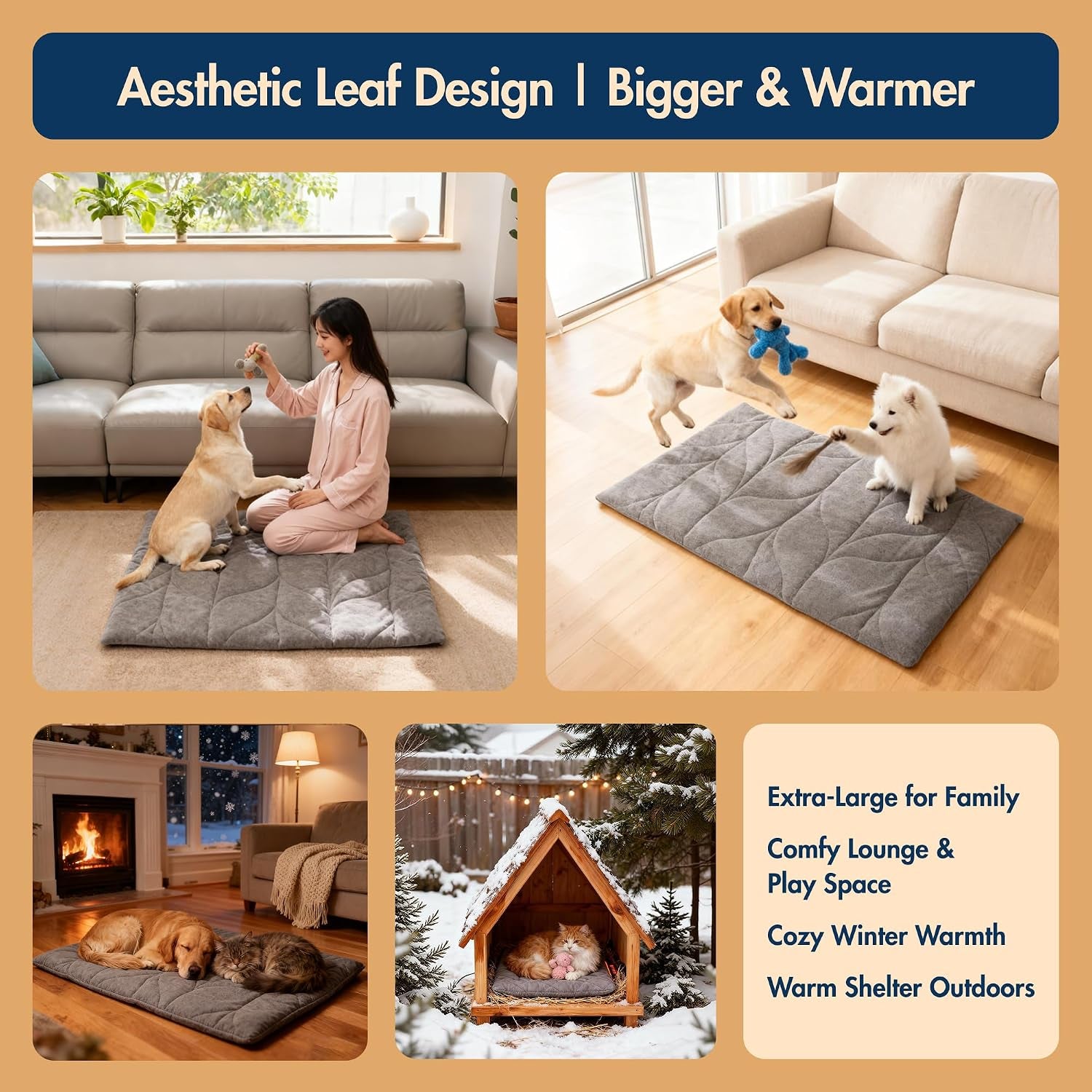 Vagascape Dog Bed, Waterproof Pet Bed with Removable Cover, Comfort Cat Dog Pad for All Seasons, Heating Khaki Rectangle Cat Mat with Nonskid Bottom