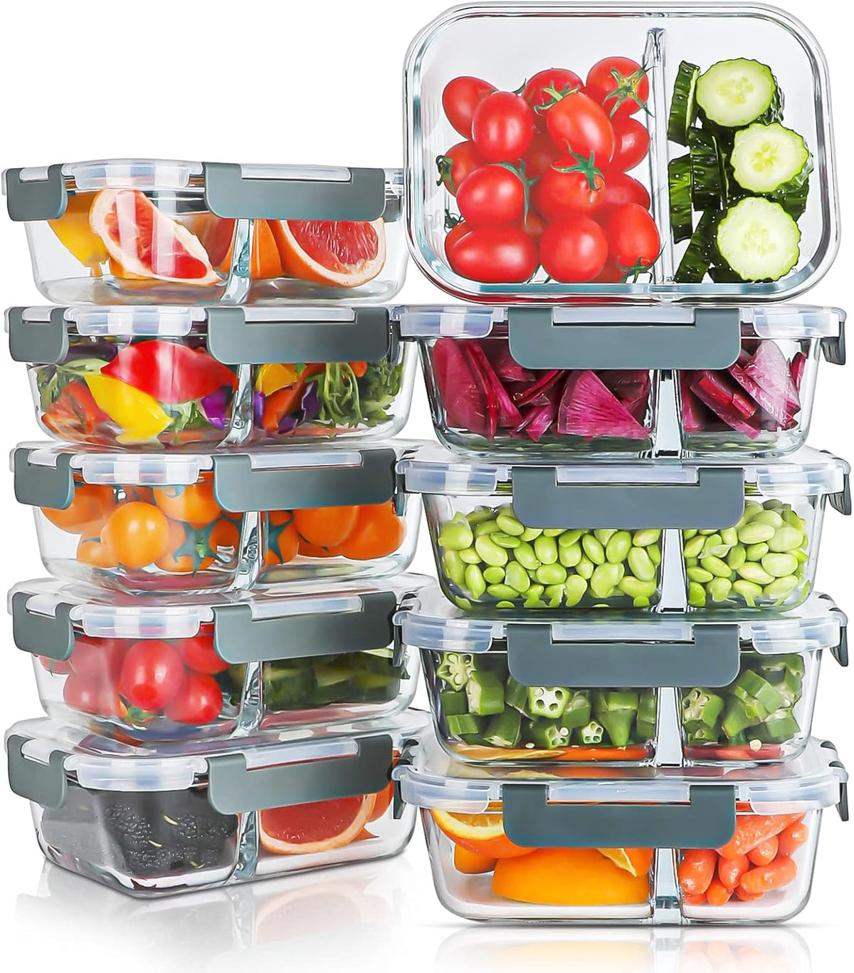 KOMUEE 10 Packs 30Oz Glass Meal Prep Containers 2 Compartments
