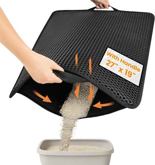 Cat Litter Mat, Upgrade Super Waterproof Back Layer Litter Box Mat, Non Slip, Durable, Soft on Paws Kitty Trapping Matt (27"X19", Black)