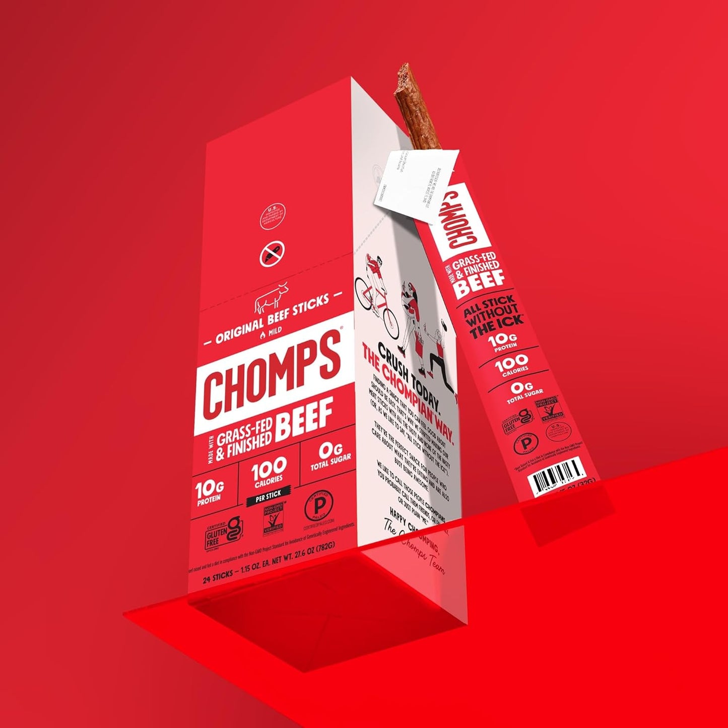 Chomps Grass-Fed and Finished Original Beef Jerky Snack Sticks 10-Pack - Keto, Paleo, Whole30, 10G Lean Meat Protein, Gluten-Free, Zero Sugar Food, Non-Gmo