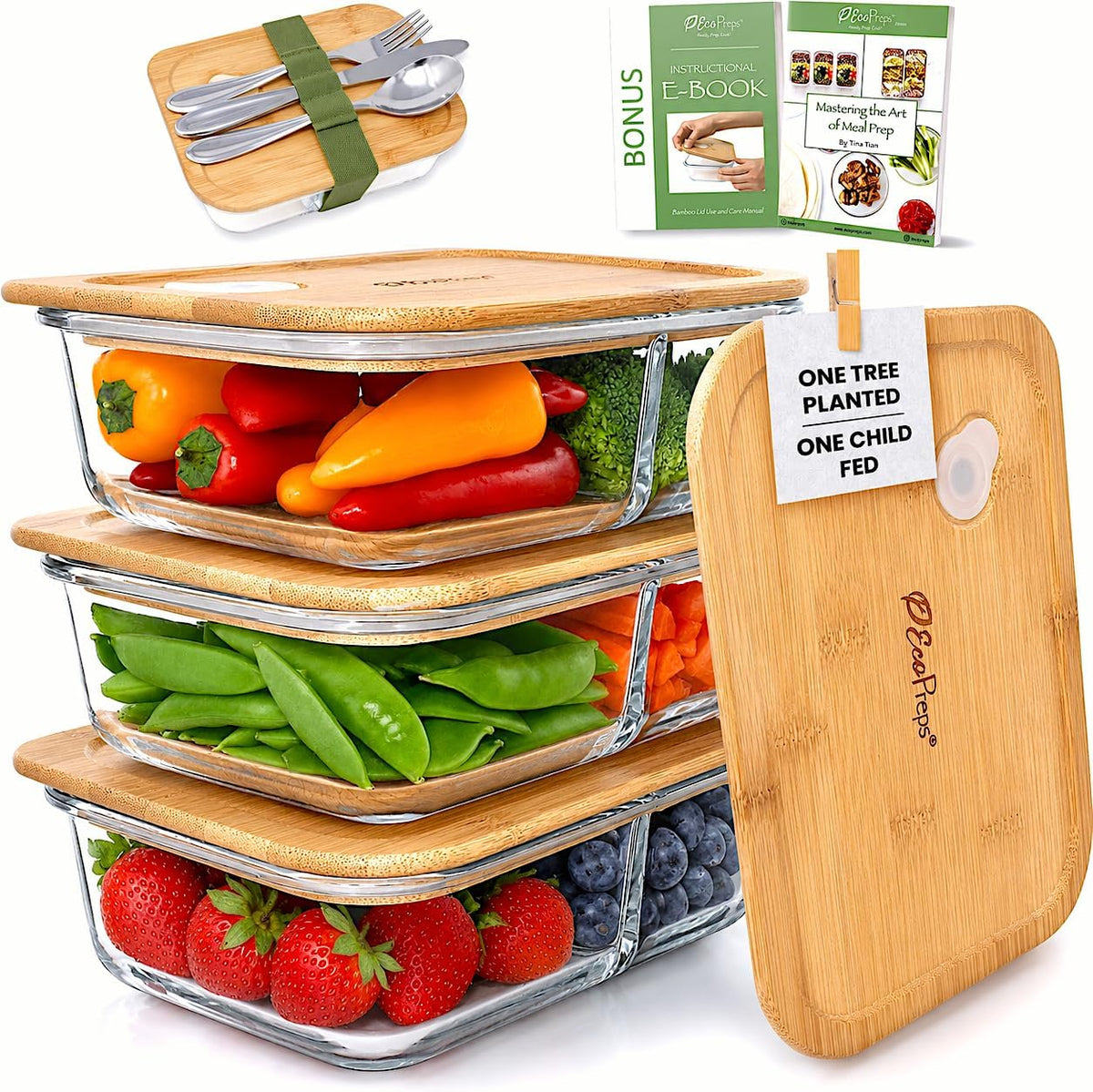 Ecopreps Glass Meal Prep Containers with Bamboo Lids, 2 Compartment, 3 Pack