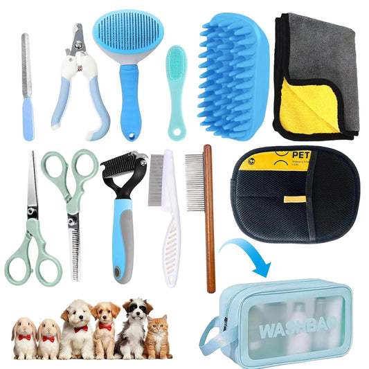 Oromaviela 12PCS Dog Grooming Kit, Grooming Supplies with Self Cleaning Slicker Brush, Dematting Comb, Safety Nail Clippers, for Small Medium Large Dogs Cats Rabbits Long Short Curly Hair(12, Blue)