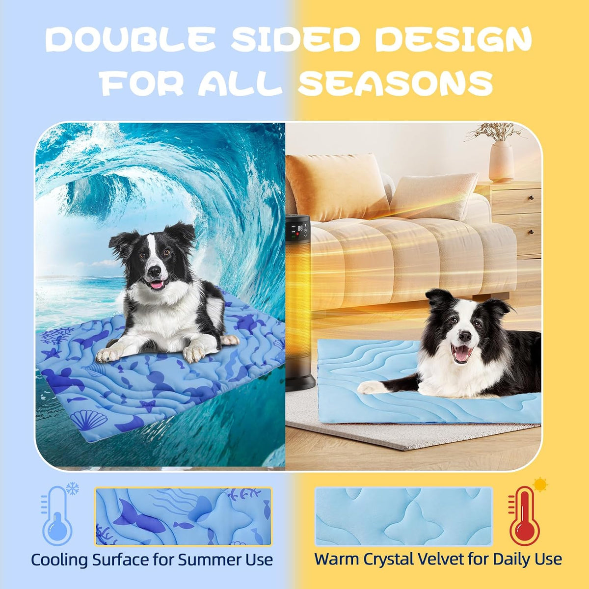 PAWCHIE Summer Dog Cooling Mat, Reversible Self-Cooling Mat for Large Dogs, Washable Pet Ice Cool Pad Blanket, Pet Sleeping Pad for Crate, Bed, Indoor & Outdoor Floor, Car Seats, Blue 48'' X 28''