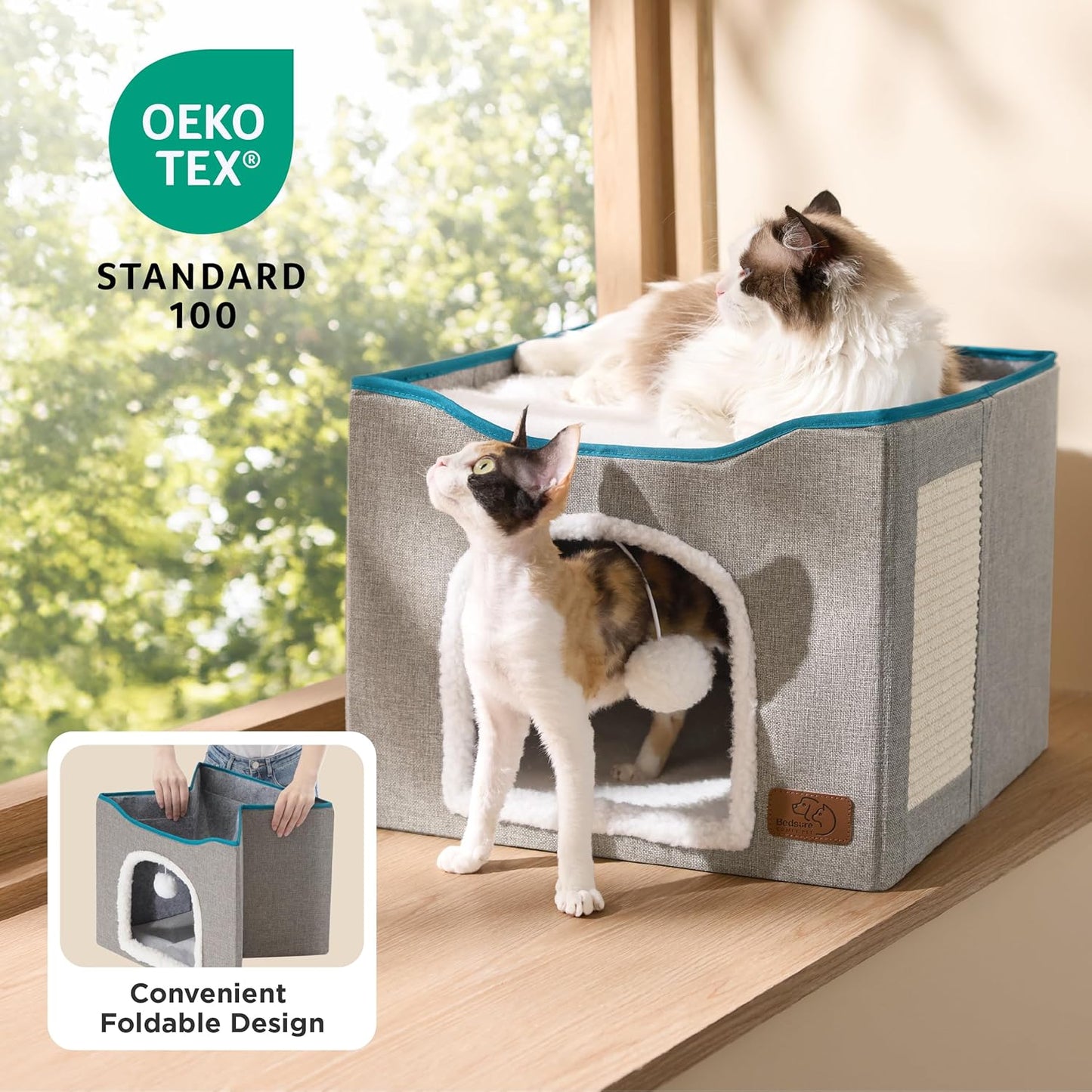 Bedsure Cat Beds for Indoor Cats - Large Cat Cave for Pet Cat House with Fluffy Ball Hanging and Scratch Pad, Foldable Cat Hideaway, 16.5X16.5X13 Inches, Grey