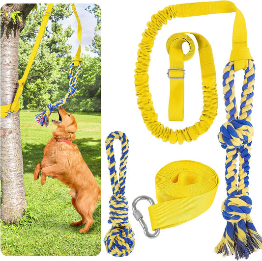 Xiaz Tug of War Dog Toy, Interactive Dogs Toy Bungee Hanging Tether with 2 Chew Rope Toys, Heavy Duty Puppy Outdoor Activity Aggressive Chewers Best Small to Large Boredom Exercise and Play (Yellow)