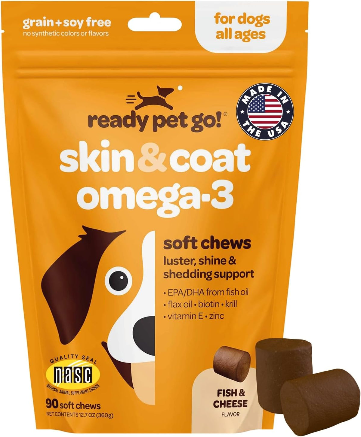 Skin and Coat Supplement for Dogs | Nourishing Omega 3 for Dogs with EPA DHA Krill Oil and Vitamin E | Dog Skin and Coat Supplement | 1 Chew up to 75Lbs | NASC Certified & Made in the USA | 90 Chews