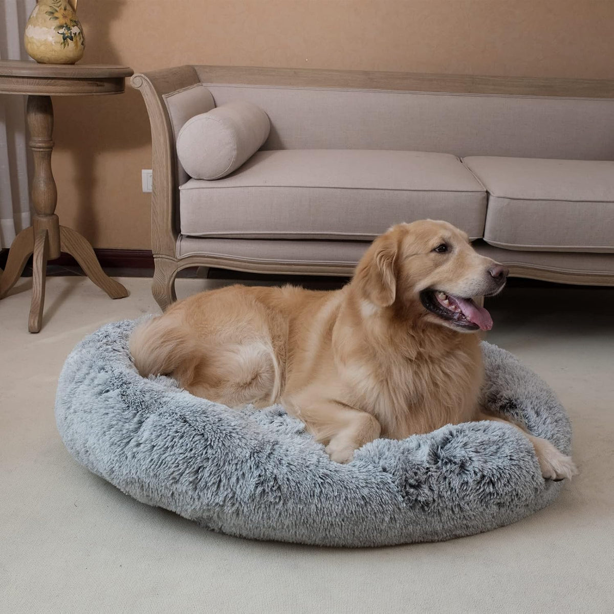 Coohom Oval Calming Donut Cuddler Dog Bed,Shag Faux Fur Cat Bed Washable round Pillow Pet Bed(30"/36"/43") for Small Medium Dogs (Xl(36"X27"X7"), Grey)