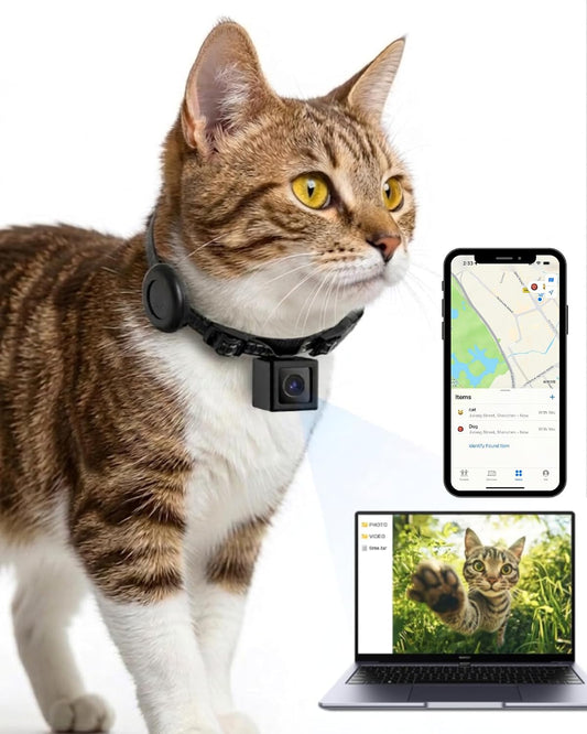 Cat Camera Collar with Tracker Tag, 1080P HD Pet POV Action Cam, No Wifi No App One-Click Video Recorder for Cats & Small Dogs — Lightweight 0.7Oz, Night Vision,Laptop Playback