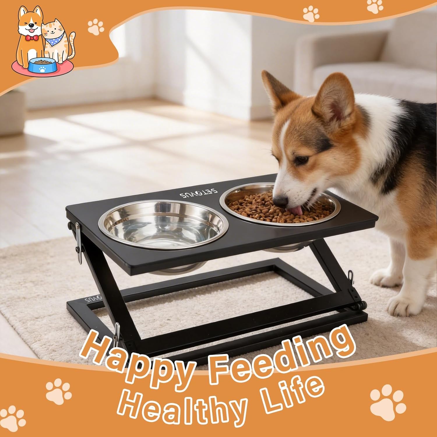 Elevated Dog Bowls, Adjustable Raised Dog Bowl Stand with 2 Stainless Steel Food Bowls 20°Tilted Water Bowls for Small Sized Dogs and Cats (Black, Small)