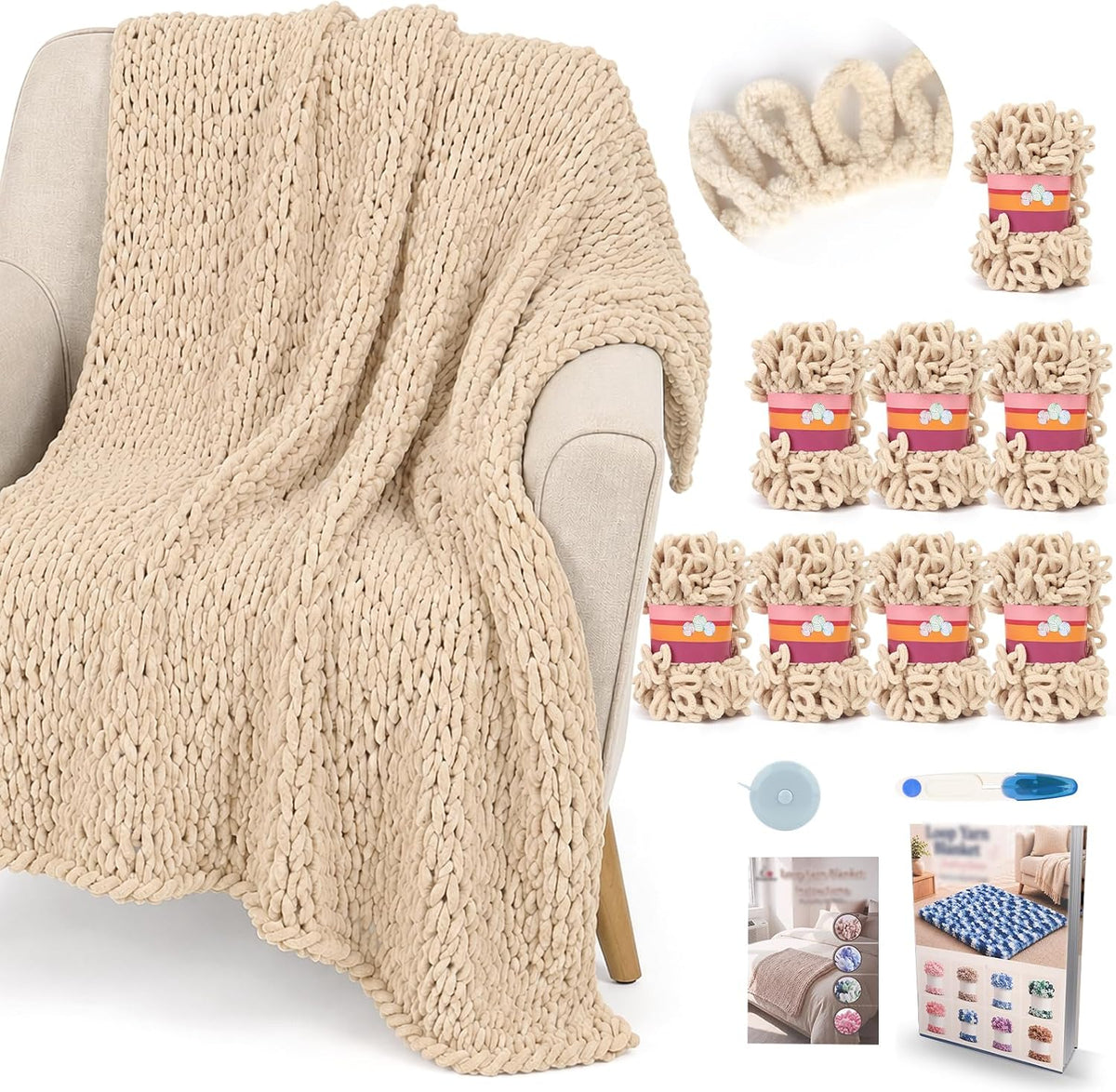 Aeelike Crochet Blanket Kit for Beginners, Khaki Chenille Loop Yarn