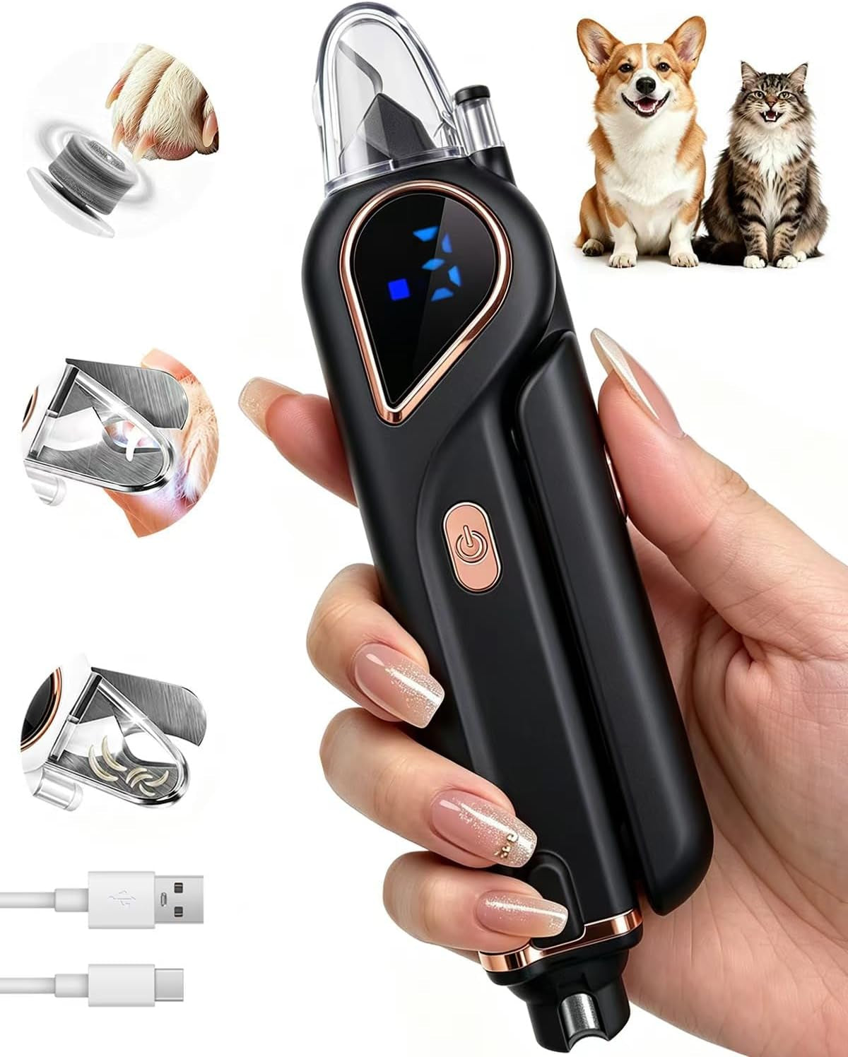 2-In-1 Dog Nail Clippers & Cat Grinder with Dual LED Lights(Black)
