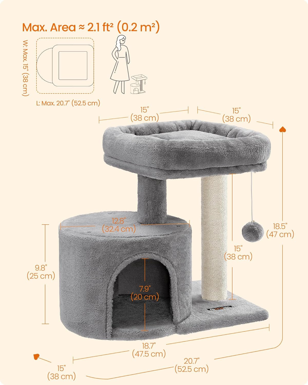 Feandrea Cat Tree, Small Cat Tower with Sisal Scratching Post, Plush Condo with Padded Perch, for Small Spaces, Kittens, Light Gray UPCT50W