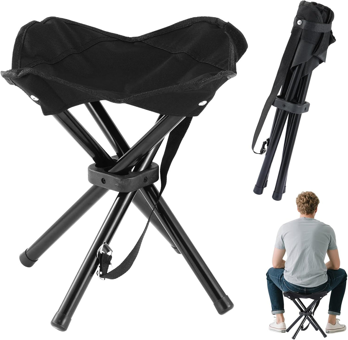 Portable Folding Camping Stool, Travel Fishing Chair Quad Frame Camping Chair Maximum Weight 290 Lbs Lightweight Outdoor Folding Garden Chair for Hunting, Hiking, Party, Beach and Painting (Black)