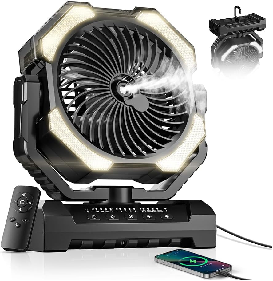 Misting Fan, Portable Camping Fans with 9Oz Water Tank, 24000Mah Rechargeable Fan with 4 Speed, Battery Powered Fans with 120H Cooling, Last 5H Mist, 2 Mist Modes, Light, Outsides/Summer Essential