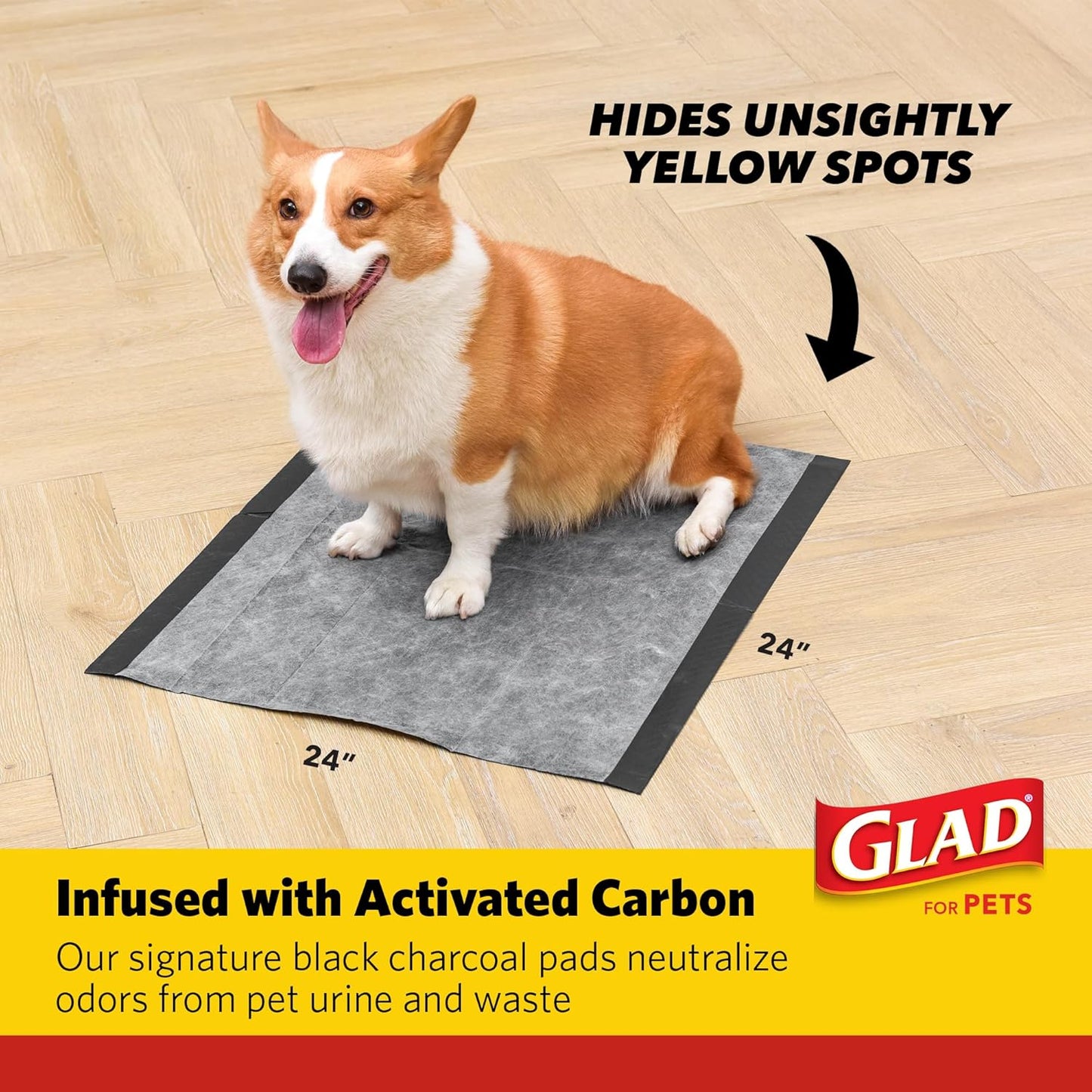 Glad for Pets XL Charcoal Training Pads, Activated Carbon Odor Control with Heavy Duty Leak-Resistant Layers, Quick-Dry Quilted Top Surface, Indoor Potty and Crate Liner, 24 X 24 In, 30 Count