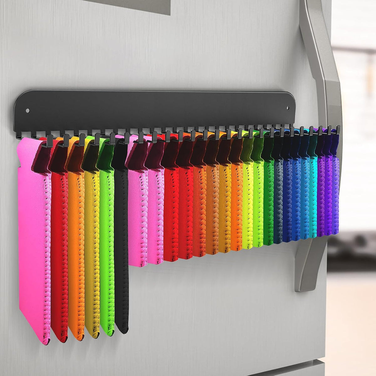 RESOVO Can Cooler Sleeves Holder Magnetic for Fridge, Beer Sleeves Dispenser Organizer for Storage W/ 25 Hooks, with Screws for Wall Mounted, for Holidays Wedding Party