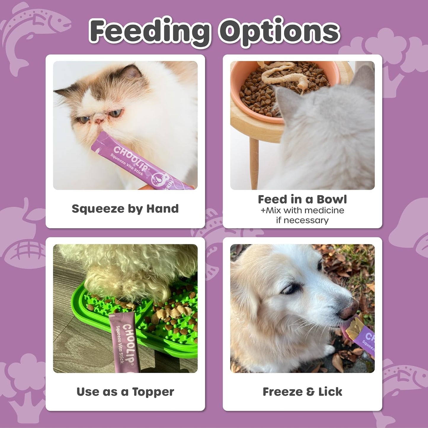 Choolip Squeeze Vita Stick Lickable Cat and Dog Treats, 49-Count Skin and Coat Variety Pack, Salmon and Pollack with Biotin and Vitamin E