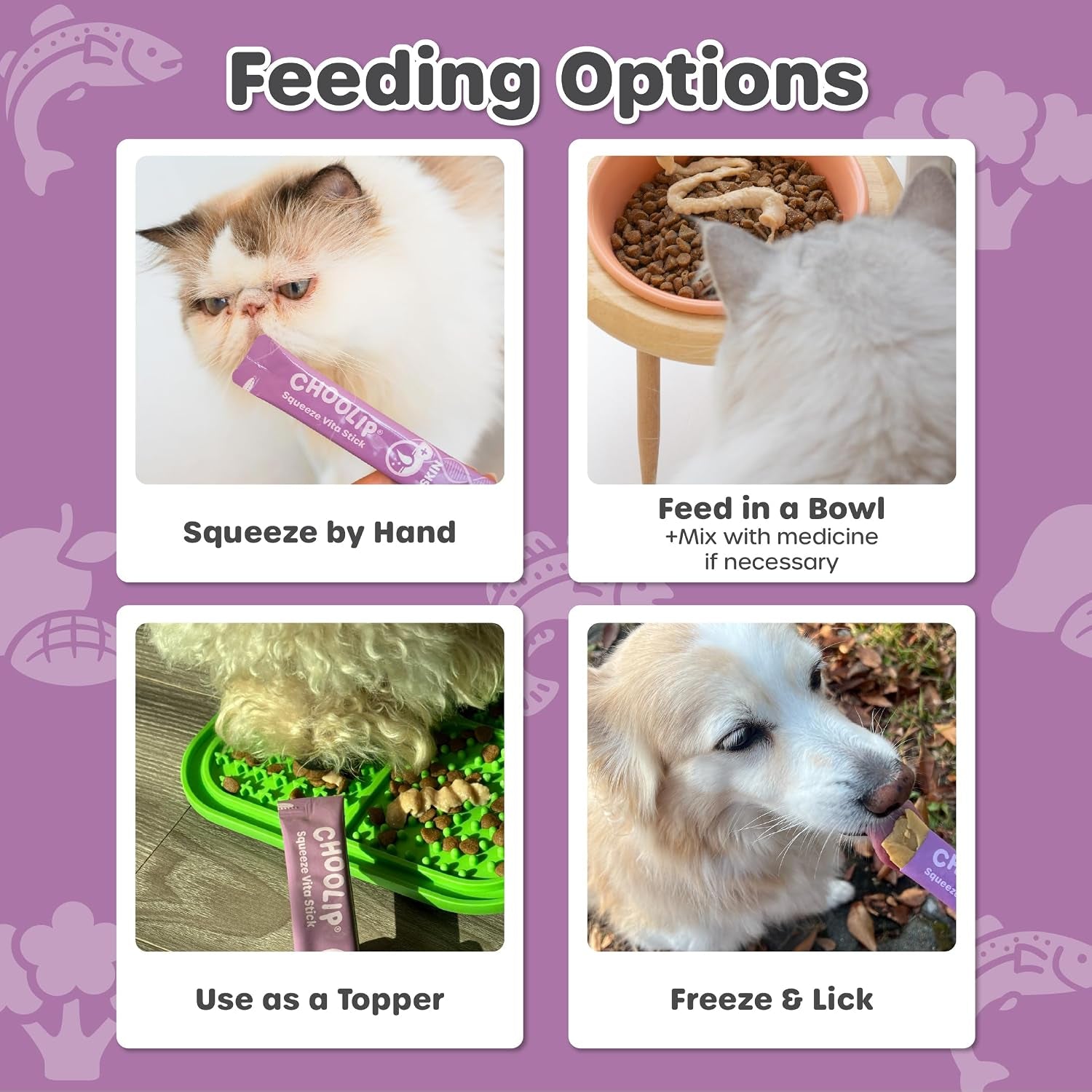Choolip Squeeze Vita Stick Lickable Cat and Dog Treats, 49-Count Skin and Coat Variety Pack, Salmon and Pollack with Biotin and Vitamin E
