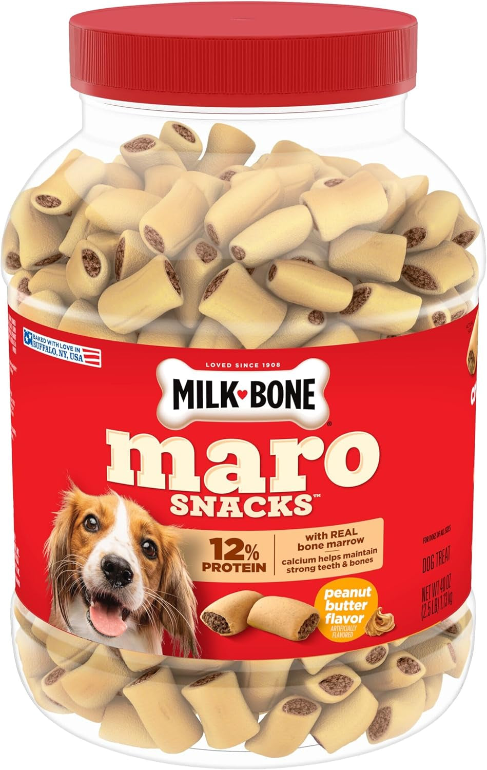 Milk-Bone Marosnacks Peanut Butter Flavor (Artificially Flavored) Dog Treats with Real Bone Marrow, 40 Oz. Canister