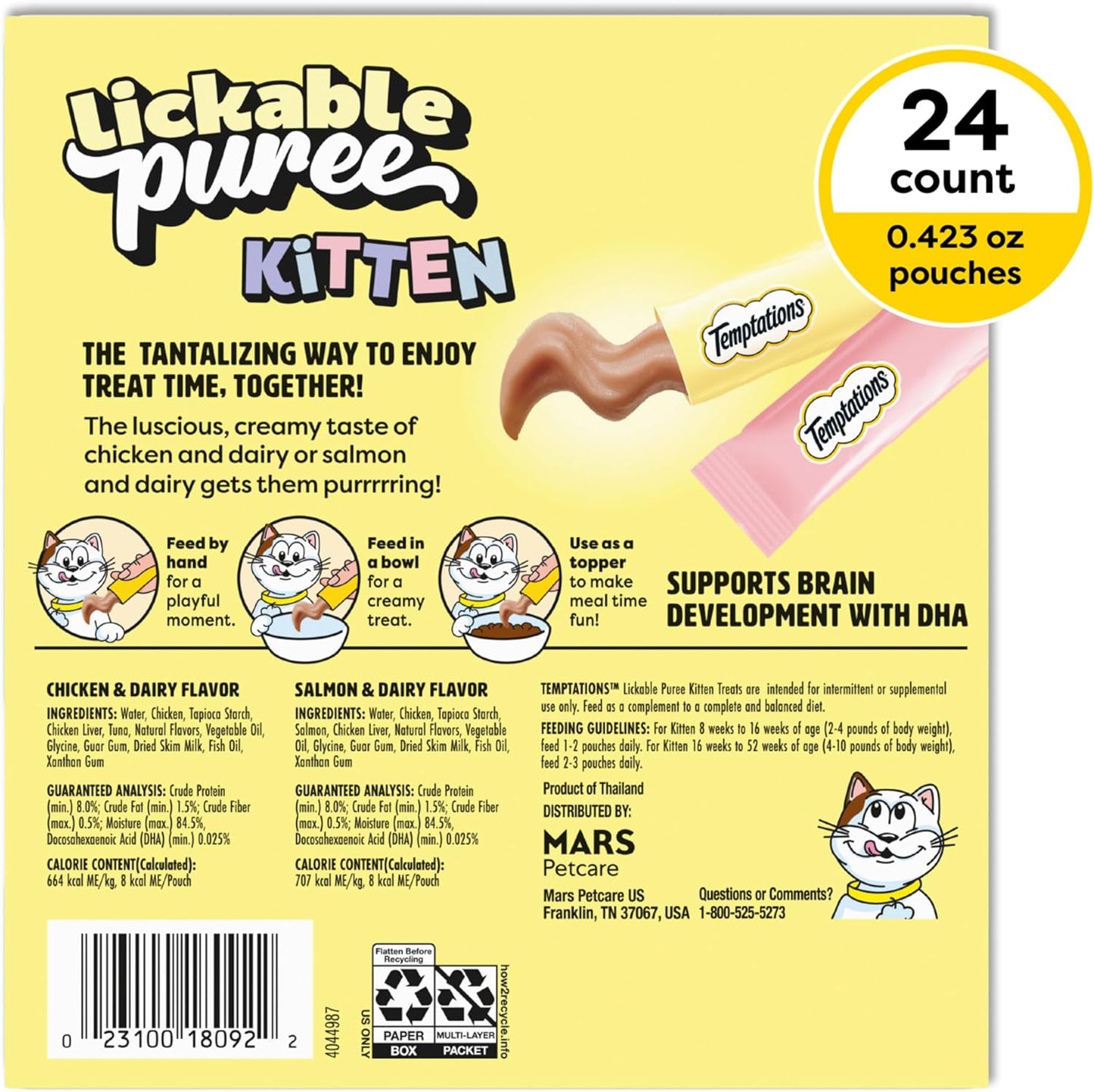 Temptations Puree Kitten Treats Lickable, Chicken and Salmon Variety Pack, 24 Pouches