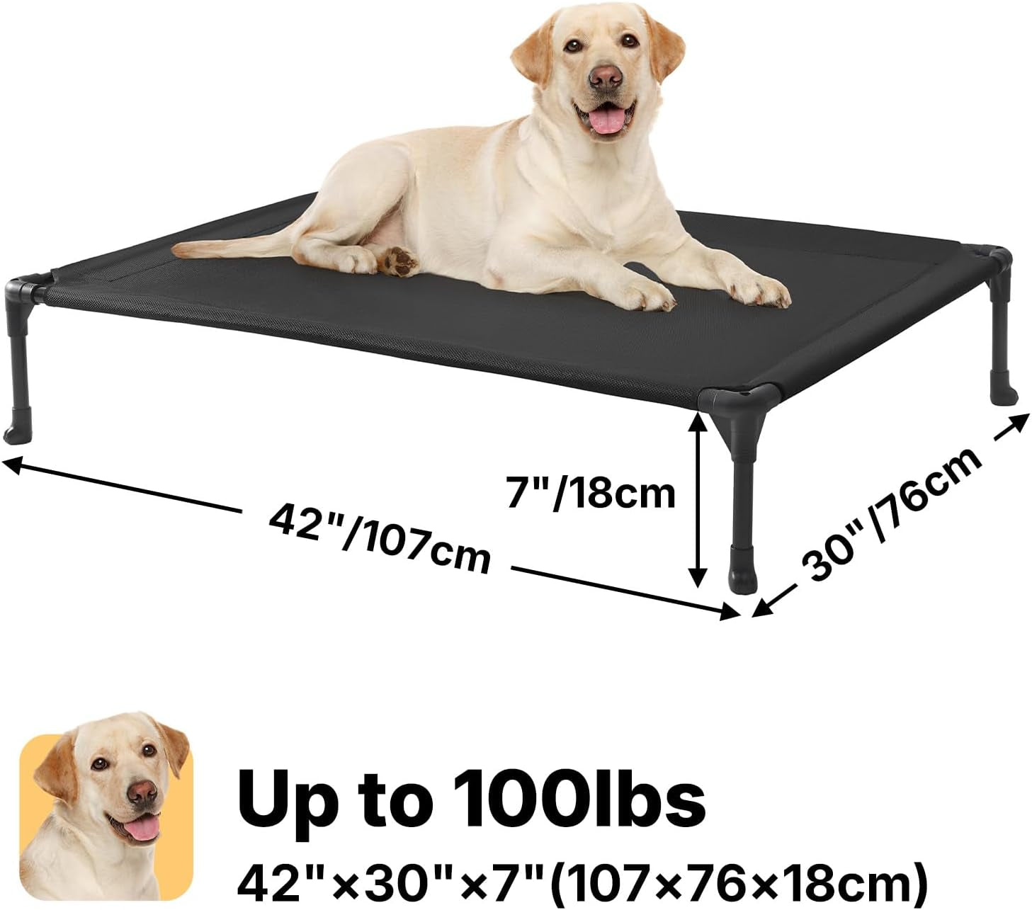 Veehoo Outdoor Elevated Dog Bed Large Sized Dogs, Large Cooling Raised Dog Cots Beds Training Platform off Ground Hammock with Breathable Mesh, No-Slip Feet, 42"X30", Black