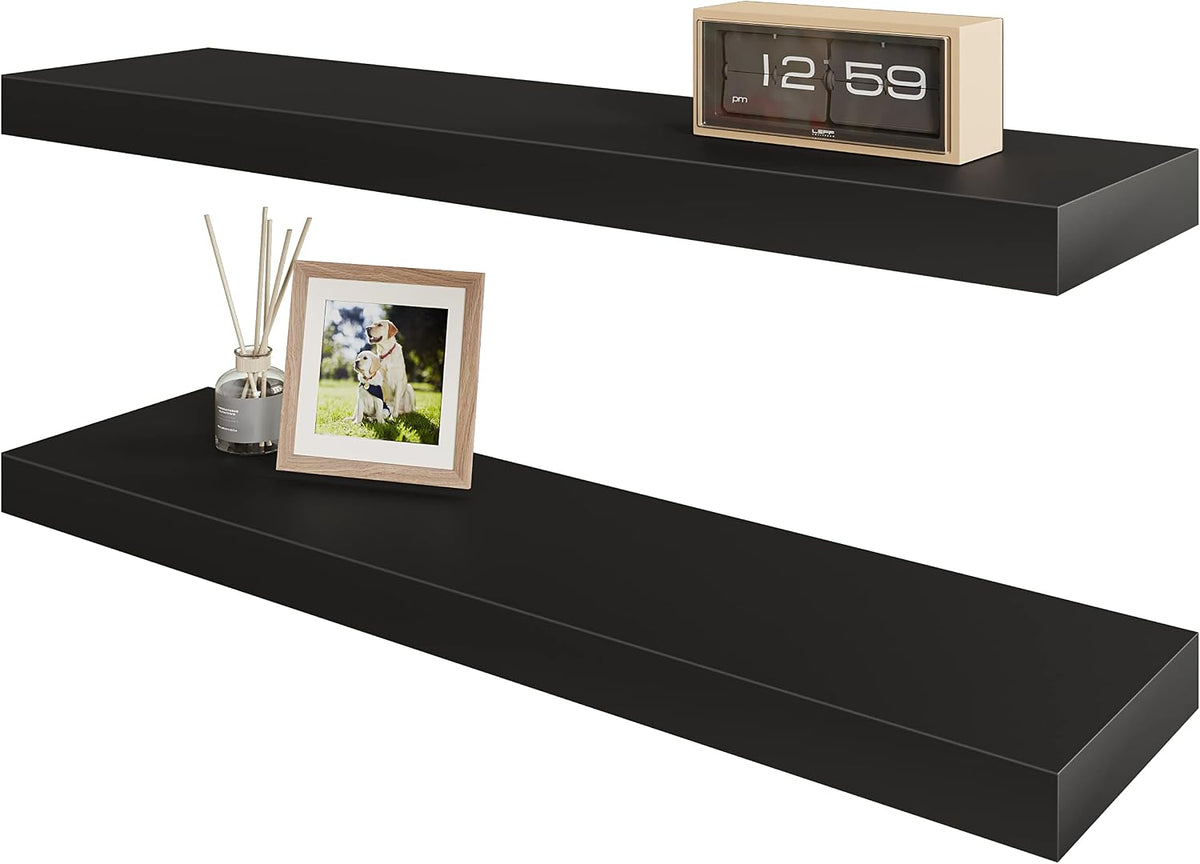 BAMEOS Floating Wall Shelves 24 X 6 Inch – Easy-Install Hanging Shelves with Hardware Included | Modern Decor Shelf for Bathroom, Bedroom & Living Room Storage, Set of 2, Black