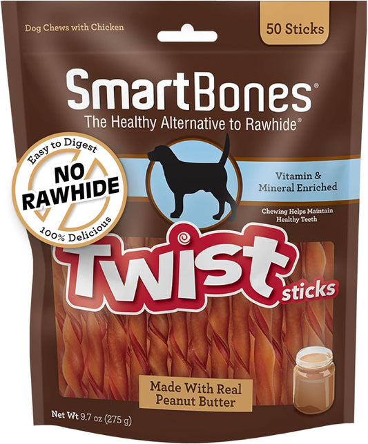 Smartbones Twist Sticks Rawhide-Free Dog Treats, Peanut Butter, 50 Count