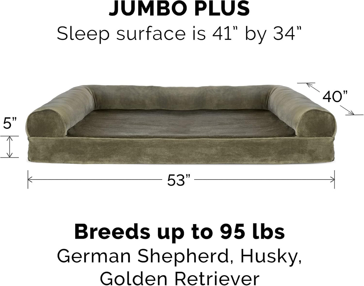 Furhaven Orthopedic Dog Bed for Large Dogs W/ Removable Bolsters & Washable Cover, for Dogs up to 125 Lbs - Faux Fur & Velvet Sofa - Dark Sage, Jumbo Plus/Xxl