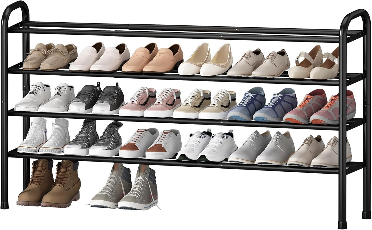 STO STO Long Expandable Shoe Rack 4-Tier, Adjustable Length 33.7”–47.5” Shoe Organizer, Metal Shoes Storage Shelf, Holds up to 30 Pairs, Non-Slip Feet, for Closet, Entryway, Hallway, Front Door, Black
