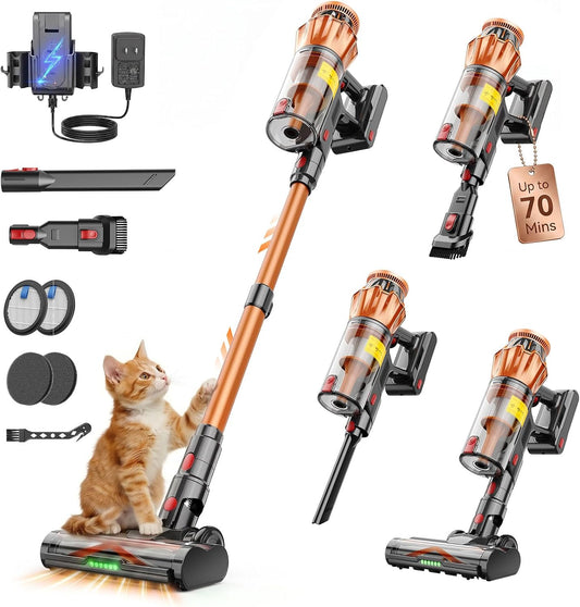 Cordless Vacuum Cleaner, 750W/70Kpa Stick Vacuum Cleaners for Home, 70Mins Vacuum Cleaners with Self-Standing, Anti-Tangle Brush, LED Screen, Lightweight Wireless Vacuum for Hard Floor,Carpet,Pet Hair