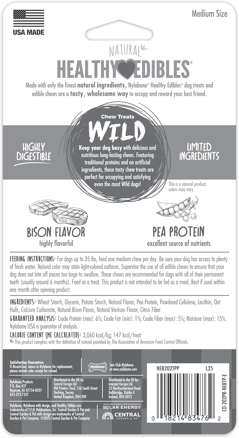 Nylabone Healthy Edibles WILD Natural Dog Chews, Long Lasting Bones for Dogs, Bison Flavor Dog Treats, Medium (2 Count)