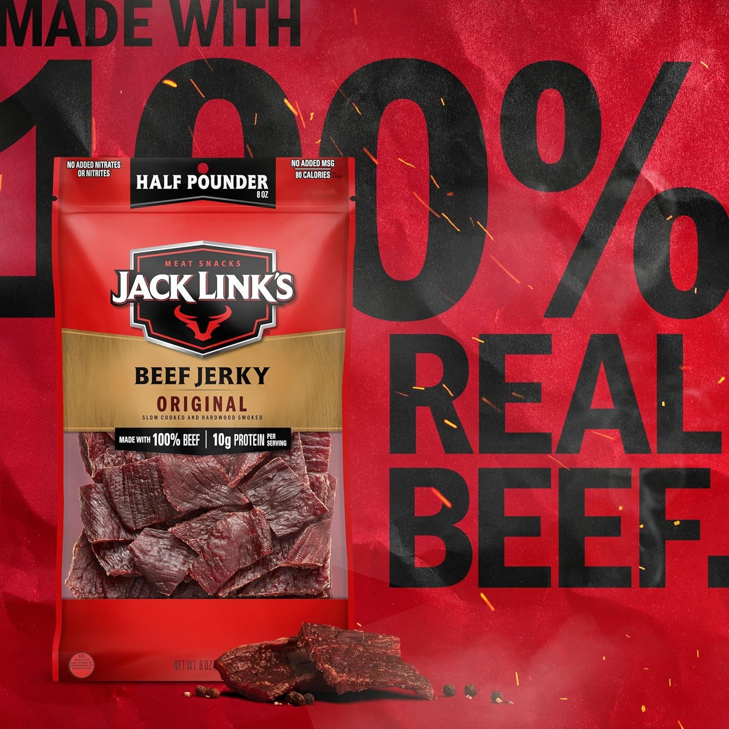 Jack Link'S Beef Jerky Half Pounder - Original - Made with 100% Real Beef - Ready to Eat Real Meat Protein Snacks - 10G Protein per Serving - 8 Oz Large Jerky Bag