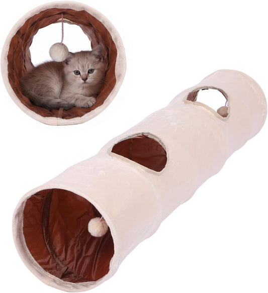 Cat Tunnel for Indoor Cats, 47" X 10" Inch Cats Toys Foldable Tunnel Straight Tube with a Fun Ball and 2 Holes, Beige Suede Cat Play Tunnels for Rabbits Ferrets Puppies Pets