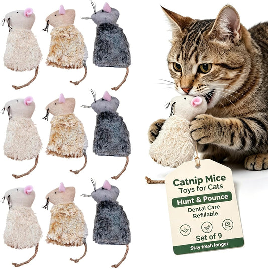 Ipetboom 9Pcs Catnip Toys for Cats Refillable - Interactive Cat Chew Toys for Indoor with Natural Jute Tail and Long Fur - Durable Plush Mouse Pet Fun Tool for Hunting Boredom Relief