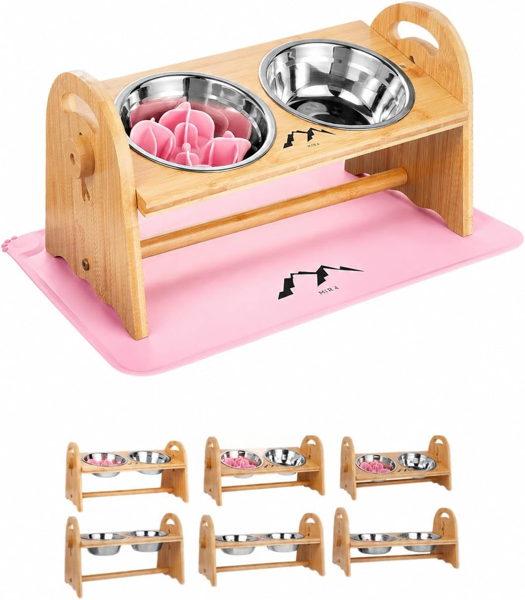M1R4 Pink Elevated Dog Bowls Set, Adjustable Raised Dog Food Bowl Stand, 2 Stainless Steel Bowls, Silicone Waterproof Mat, Suction Slow Feeder, Durable Bamboo Stand, for Small/Medium Dogs and Cats