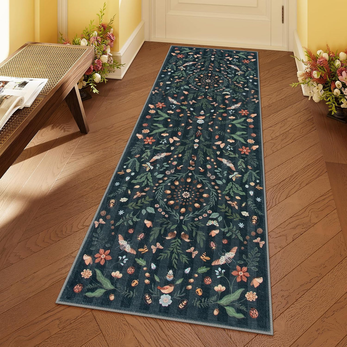 Lahome Washable Insect Botanical 2X6 Runner Rug for Entryway - Machine Washable Non-Slip Hallway Runner Rug, Black Boho Low Profile Soft Faux Wool Carpets for Bedroom, Hallway, Laundry, Kitchen