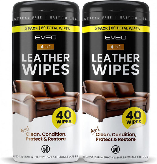 EVEO Leather Wipes 4-In-1 Leather Cleaner and Conditioner for Furniture - Leather Couch Cleaner, Car, Shoes & Purses – UV Protection, XL Moistened Wipes Restore & Protect – 2 Pack (80 Wipes)