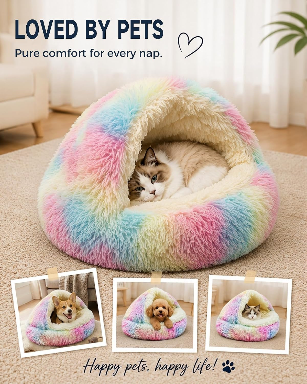 Shinhye Cat Bed round Plush Fluffy Hooded Cave, 23×23Inch, Multicolor