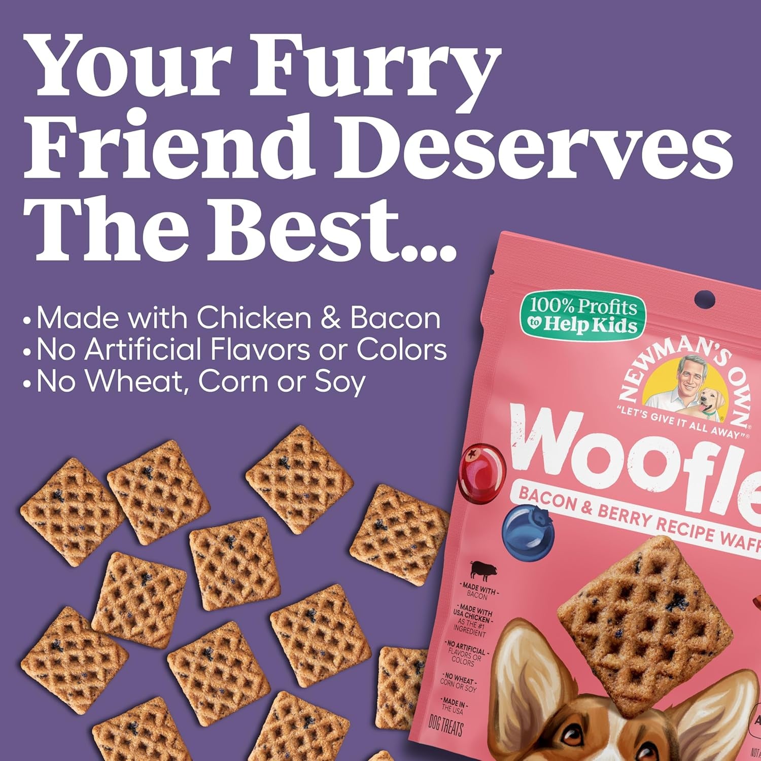 Newman'S Own Bacon & Berry Woofles Waffle Dog Treats, 10 Oz Bag (Pack of 6) — Soft & Chewy Waffles, No Artificial Flavors or Colors, Wholesome Training Rewards, Made in USA