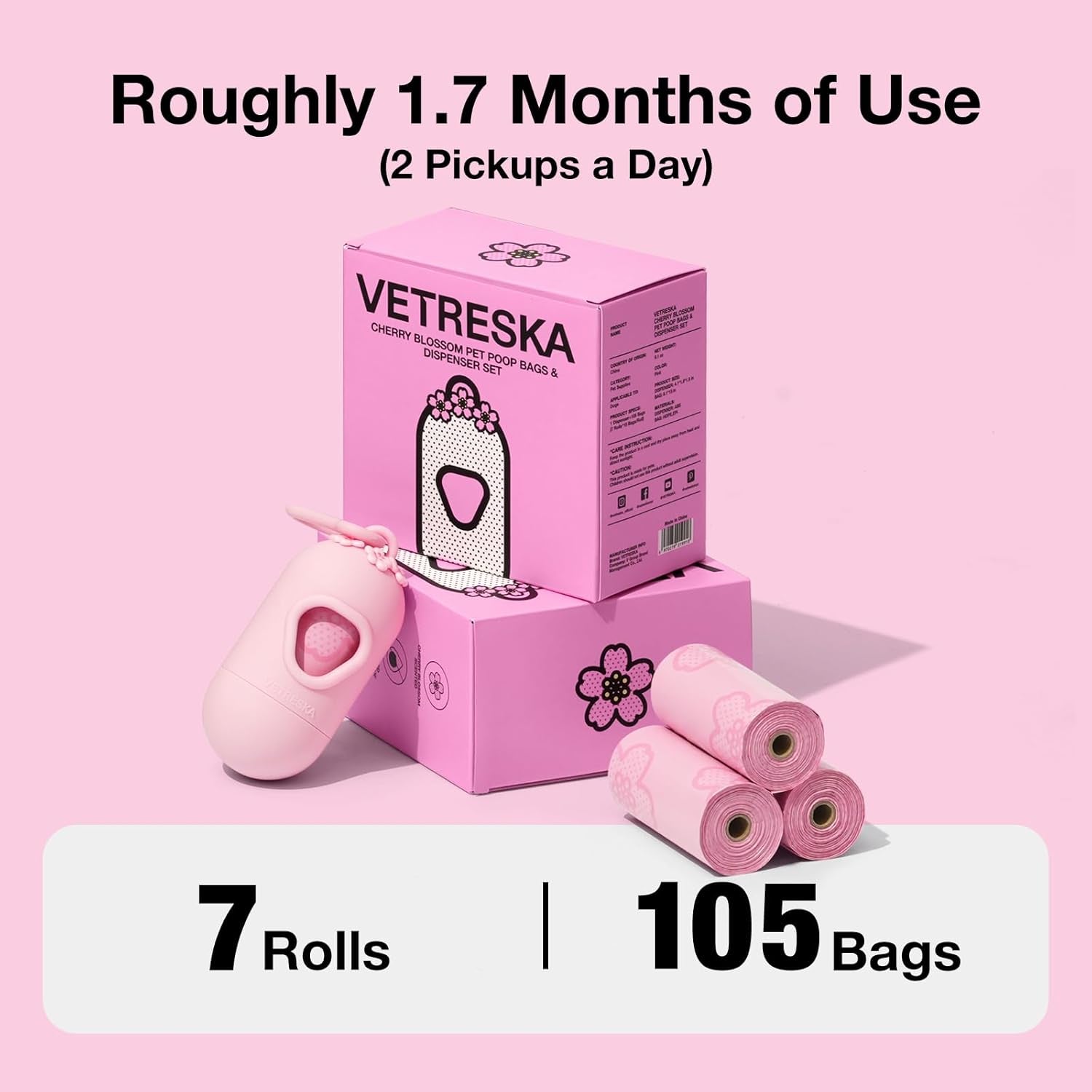 VETRESKA Dog Poop Bag Dispenser with Cherry Blossom Scented Poop Bags, Leak Proof and Extra Thick Pet Waste Bags, 1 Poop Bag Holder and 105 Bags for Dog Walking and Cats Litter, Pink