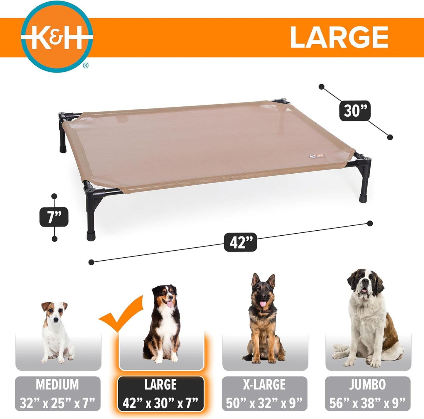 K&H Outdoor Elevated Dog Bed - Cooling Raised Dog Bed for Medium & Large Pets, Breathable Mesh Hammock Design, Indoor/Outdoor Washable Cover, Portable Metal Frame, Tan, Large 42X30In